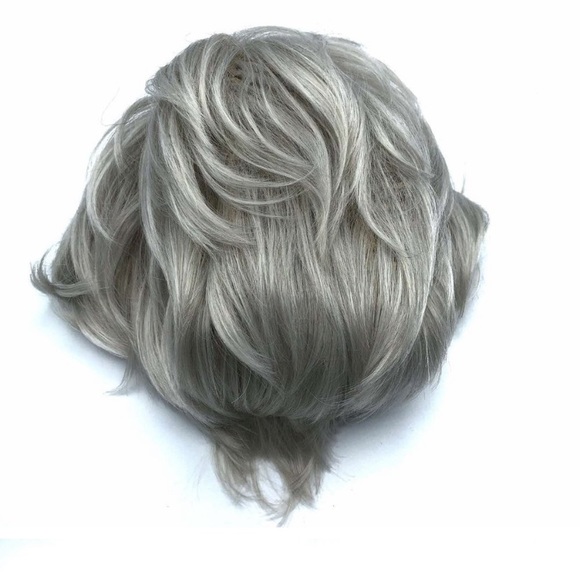 Emmor Short Silver Grey Human Hair Wigs for Women Blend with Healthy Memory Fibe - Picture 2 of 6